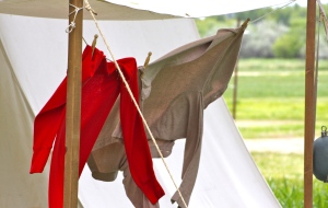 Union Suit underwear pegged to camp clothesline