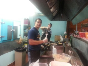 My husband Keoni & our son Kapena, working together in our restaurant kitchen