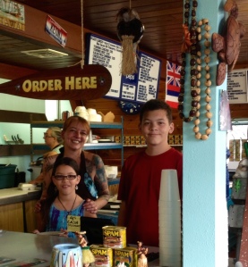 with kids at our restaurant counter... Notice the relative heights!