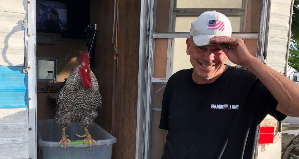 camper with chicken