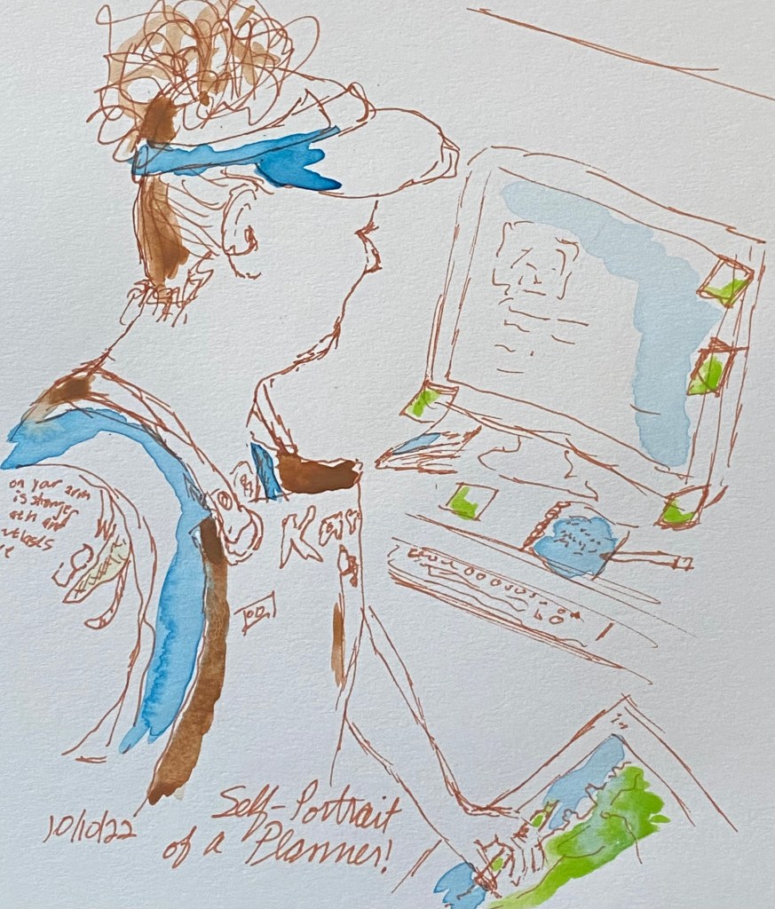 sketch of the author planning a trip with post-its and an atlas