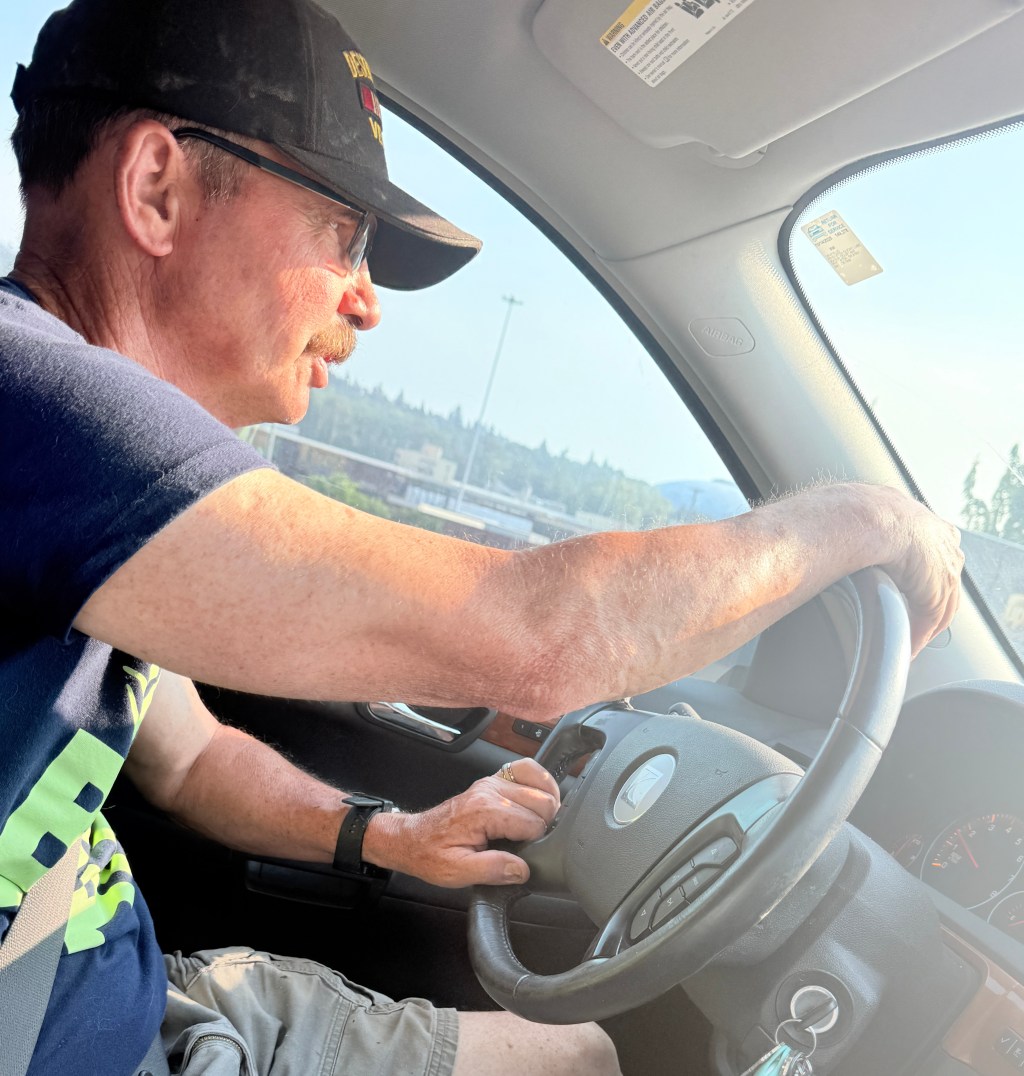 photo of author's husband driving