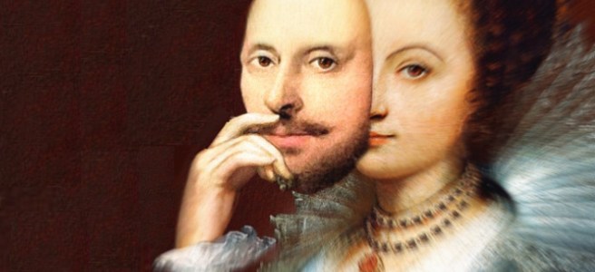 Emilia Bassano Lanier holding a mask of Shakespeare's face in front of her