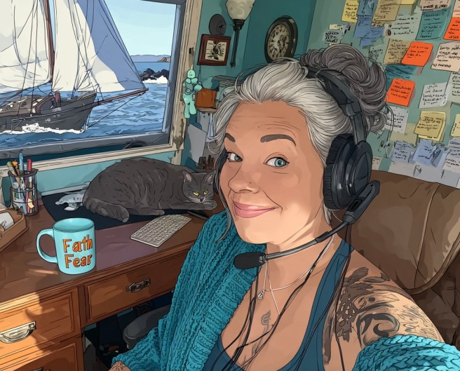 AI-generated image of the author wearing audio headset sitting at a desk