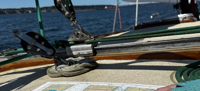 sailing chart atop a sailboat cabin