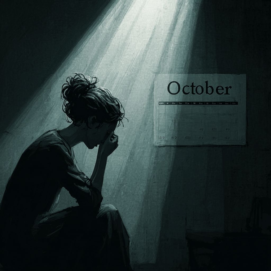 a woman sits in darkness with her face in her hands. Behind her is a calendar open to "October"