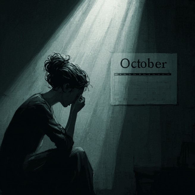 a woman sits in darkness with her face in her hands. Behind her is a calendar open to "October"
