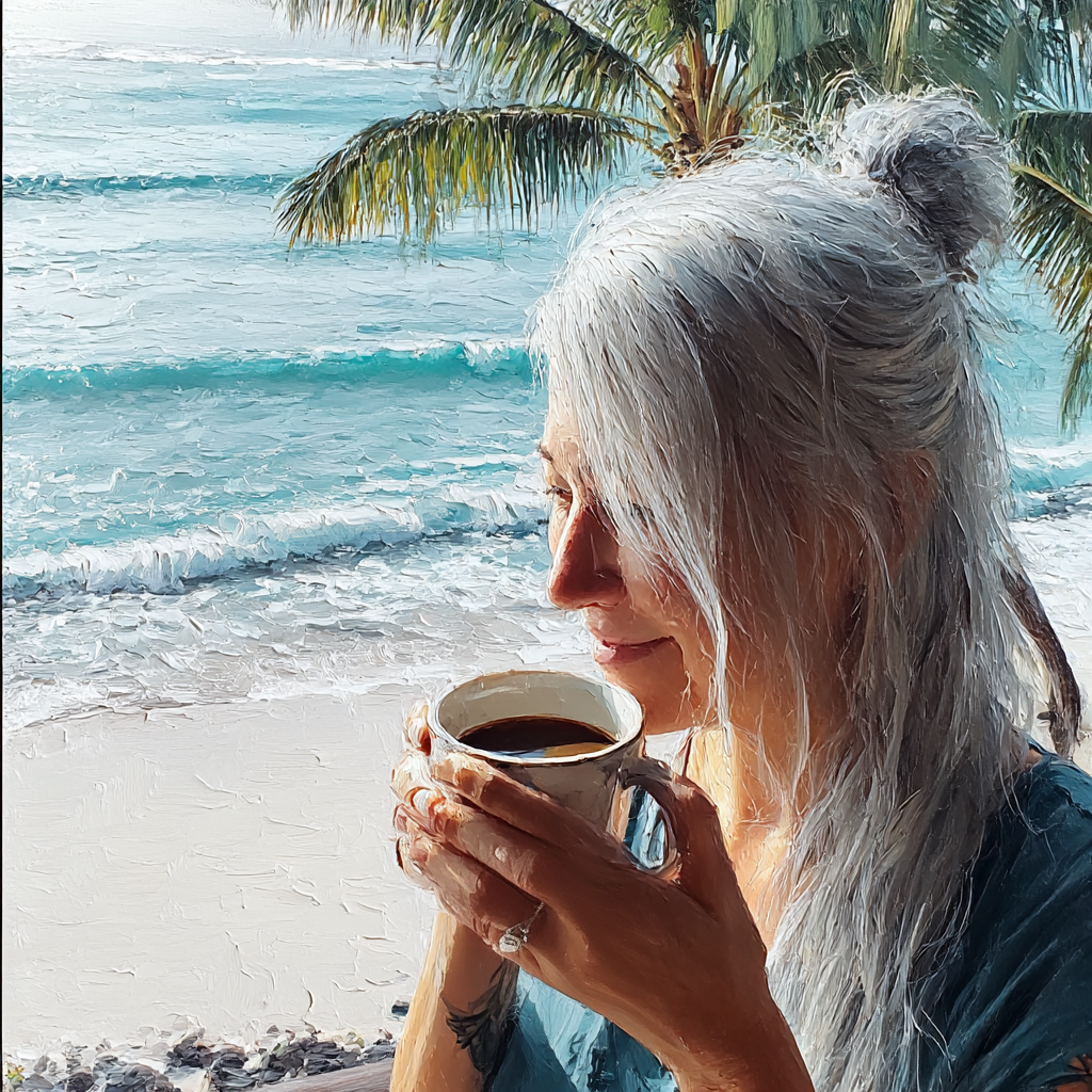 AI-generated image of the author sipping coffee on a beach.