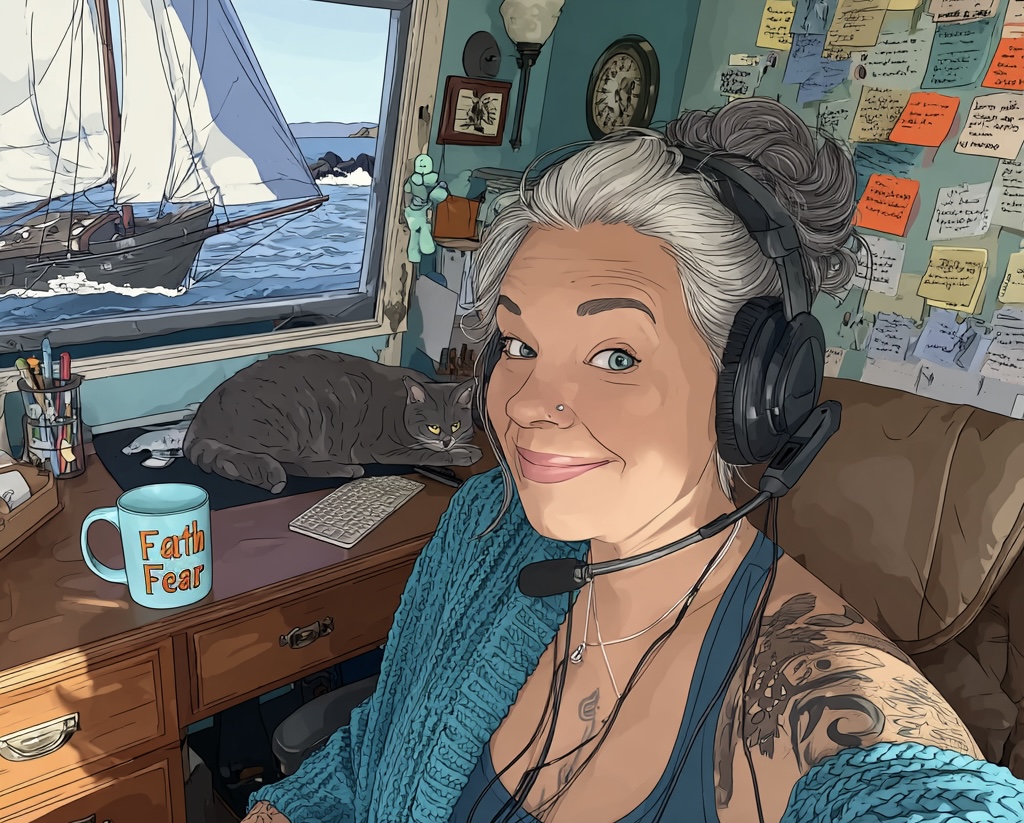 AI-generated image of the author wearing audio headset sitting at a desk