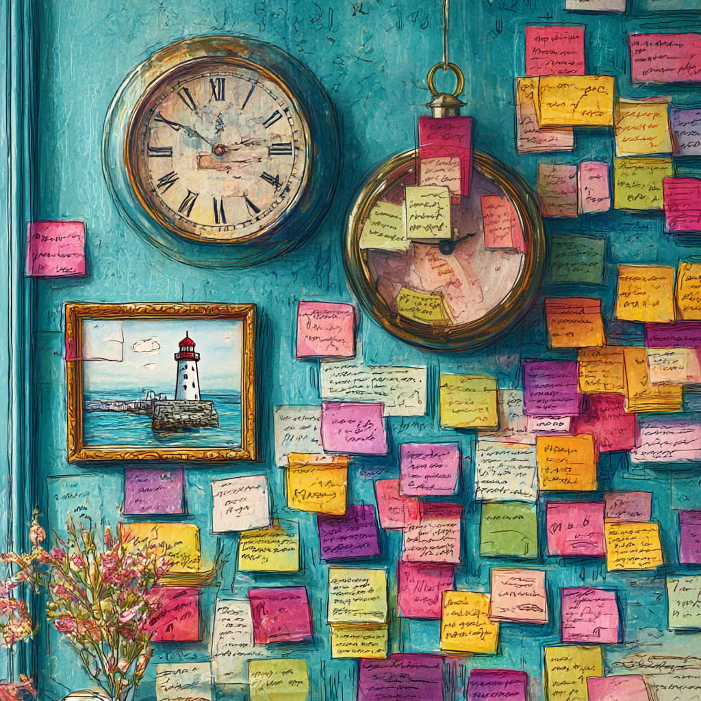 AI-generated drawing of a wall with many sticky-notes covered with handwriting