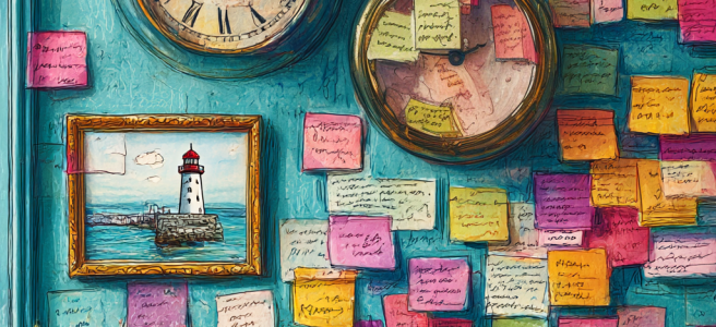 AI-generated drawing of a wall with many sticky-notes covered with handwriting