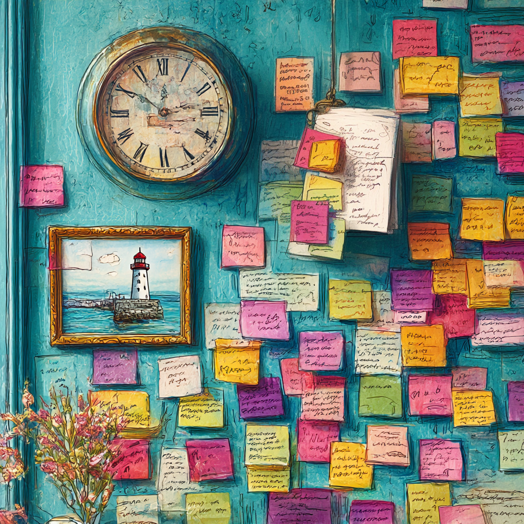 AI-generated cartoon of a turquoise office wall with a clock and a lighthouse picture, with all sorts of post-it notes with handwriting on them