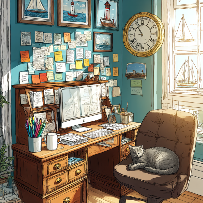 AI-generated drawing of a home office with turquoise walls, post-its on the walls, and a cat sleeping in the office chair