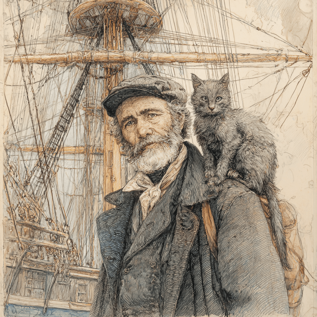 AI-generated drawing of a 19th-century sailor with a cat on his shoulder, ratlines & rigging in the background.
