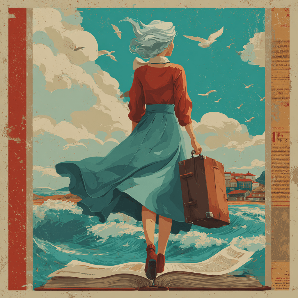 AI generated image in style of a vintage travel poster, showing a woman stepping out of a book onto a beach