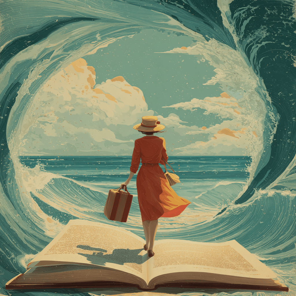AI generated image in style of a vintage travel poster, showing a woman stepping out of a book onto a beach