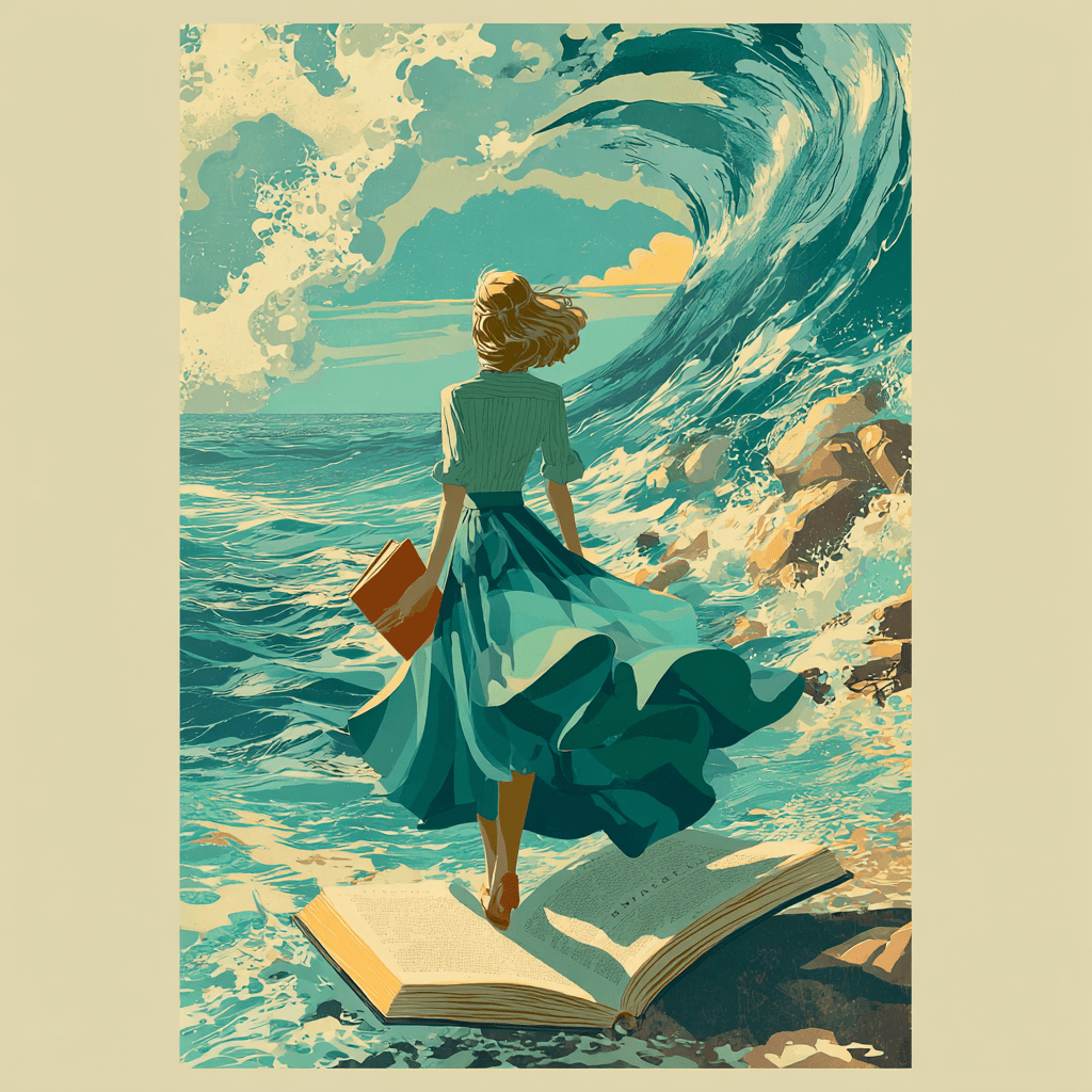AI generated image in style of a vintage travel poster, showing a woman stepping out of a book onto a beach