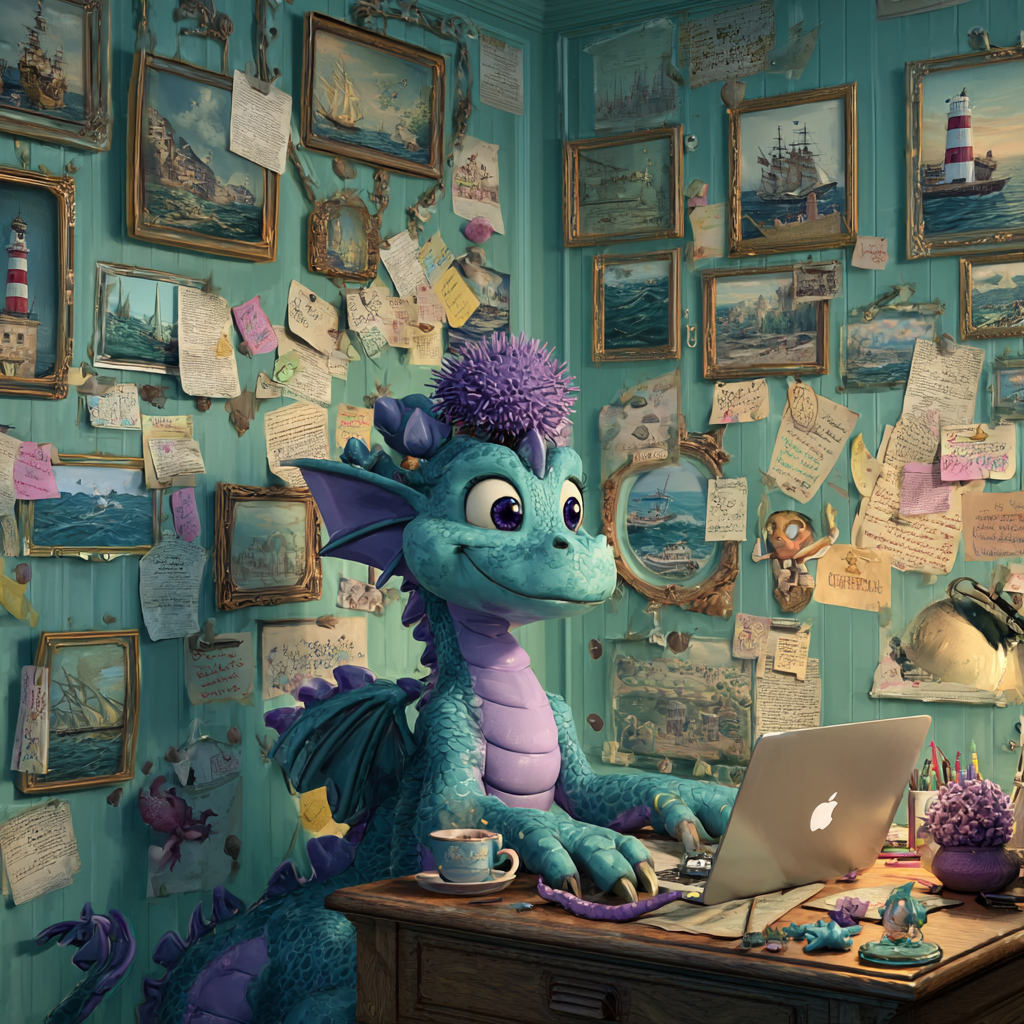 realistic cartoon of a turquoise dragon with a purple sea urchin on its head, sitting at a MacBook Apple laptop, surrounded by pictures of ships and lighthouses, with post-its and handwritten notes all over the turquoise walls