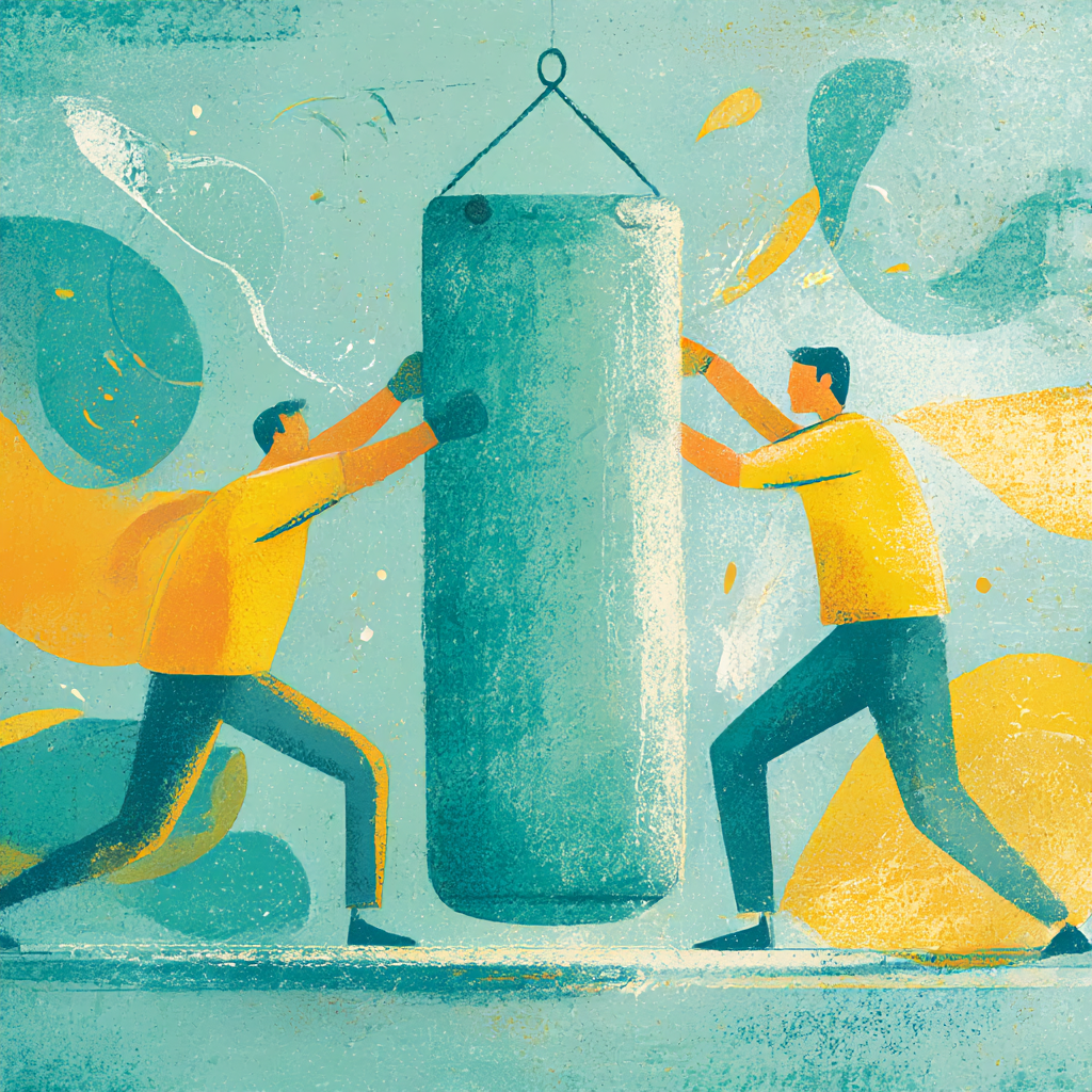 AI-generated image of two people in uellow shirts hitting a punching bag