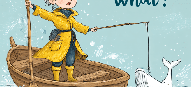 cartoon of a woman standing in a rowboat holding a fishing pole with a white whale on the other end, saying "NOW what?"