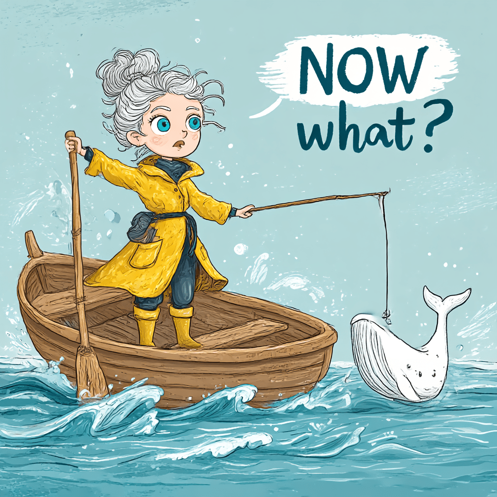 cartoon of a woman standing up in a rowboat, holding a fishing pole with a white whale at the end, saying "NOW what?"