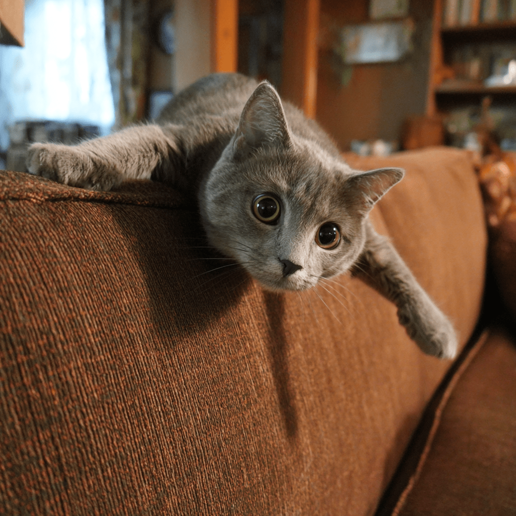 AI image of a gray cat zooming around the furniture with a crazy face
