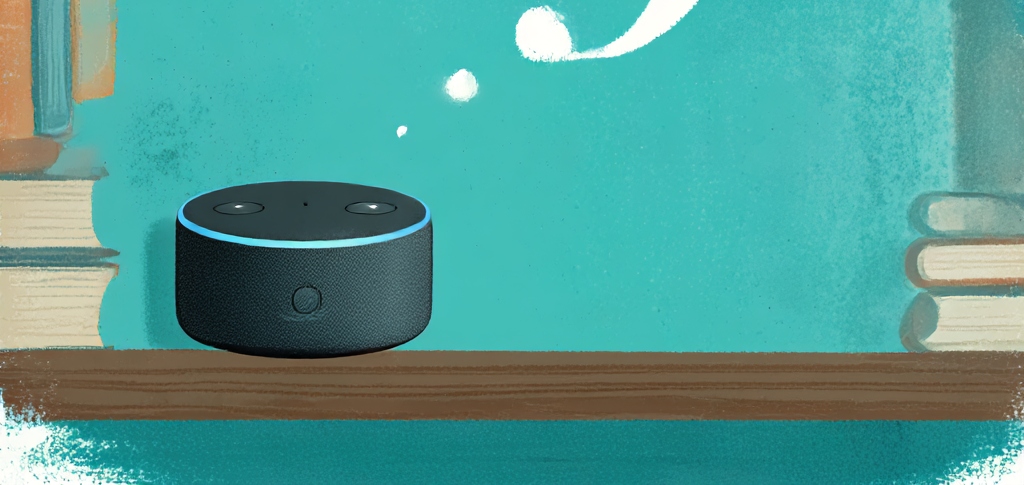 cartoon of an Amazon Echo on a shelf