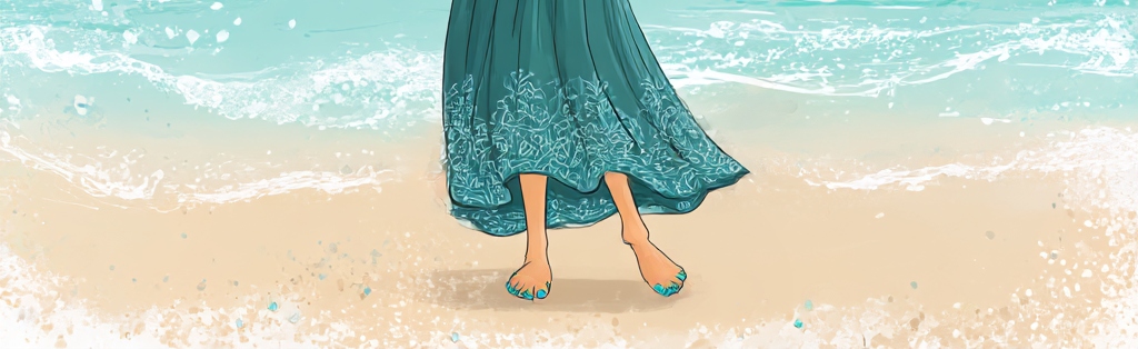 cartoon of a woman's bare feet on a beach, with toenails painted turquoise