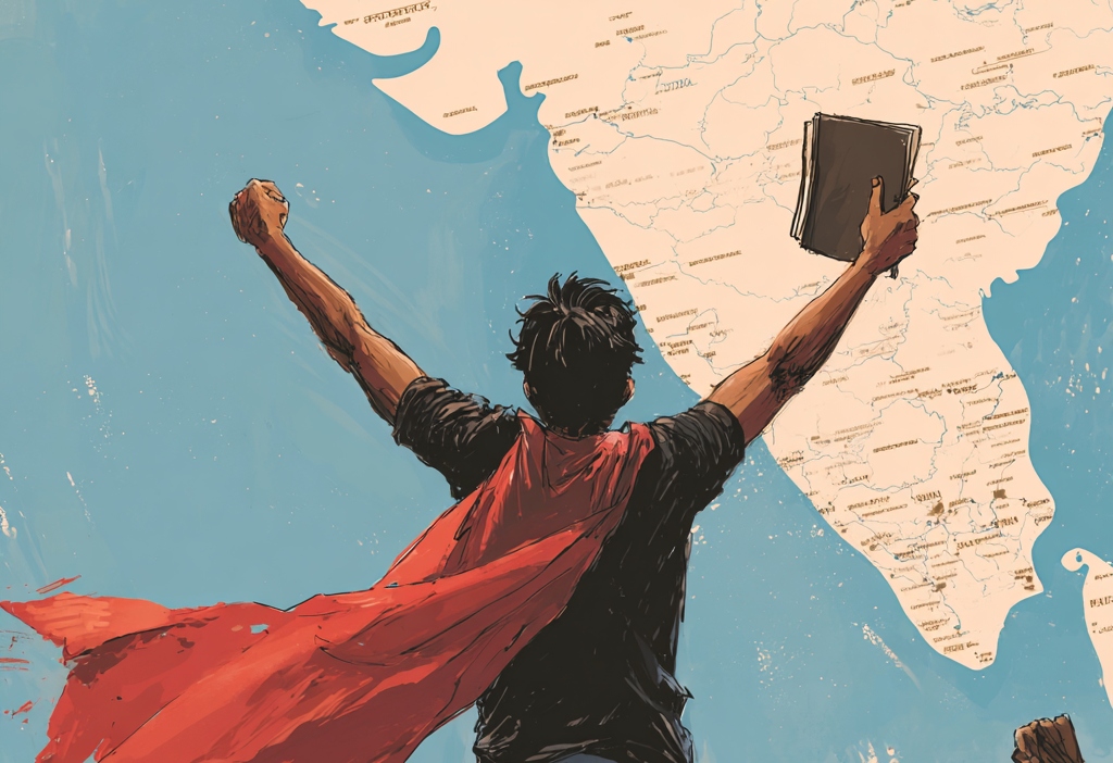 boy with a superhero cape triumphantly raising a book, a map of India in the background