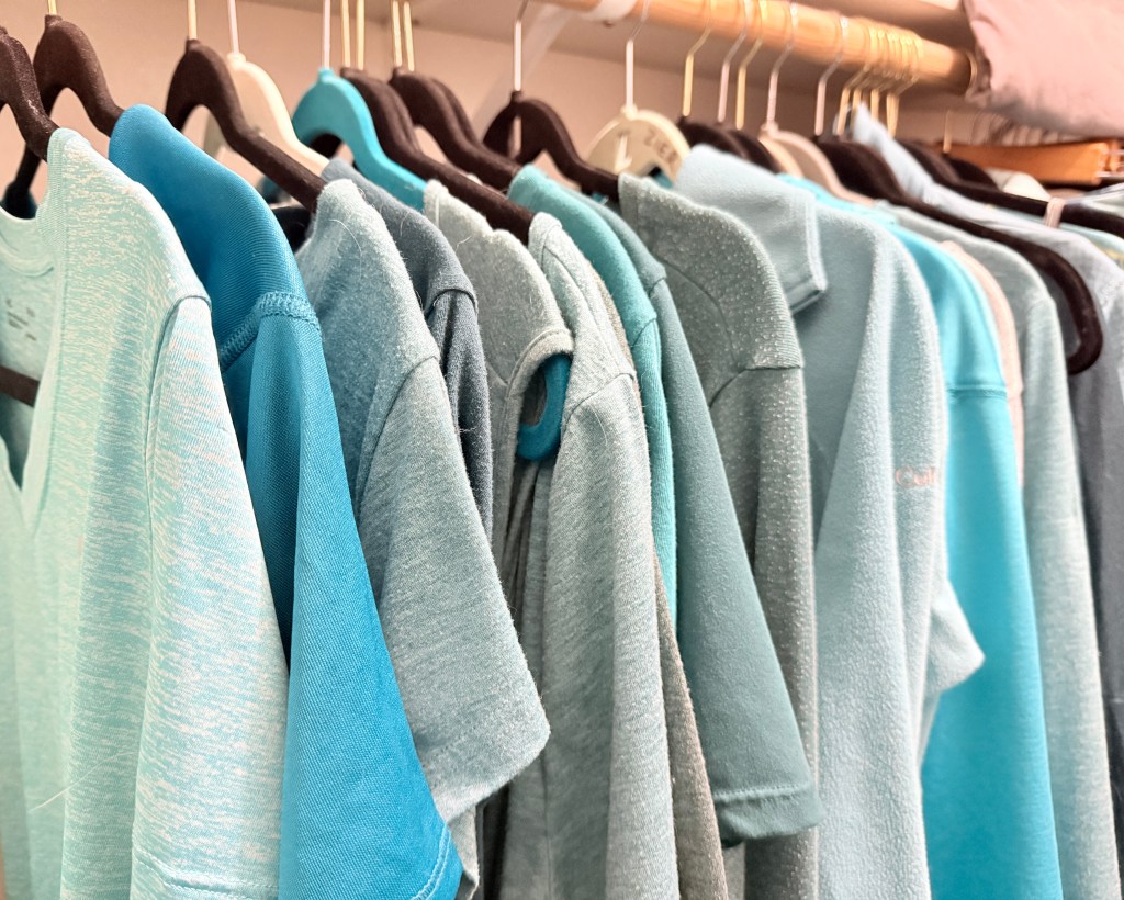 photo of the writer's closet, with shirts all in a range of turquoise and teal