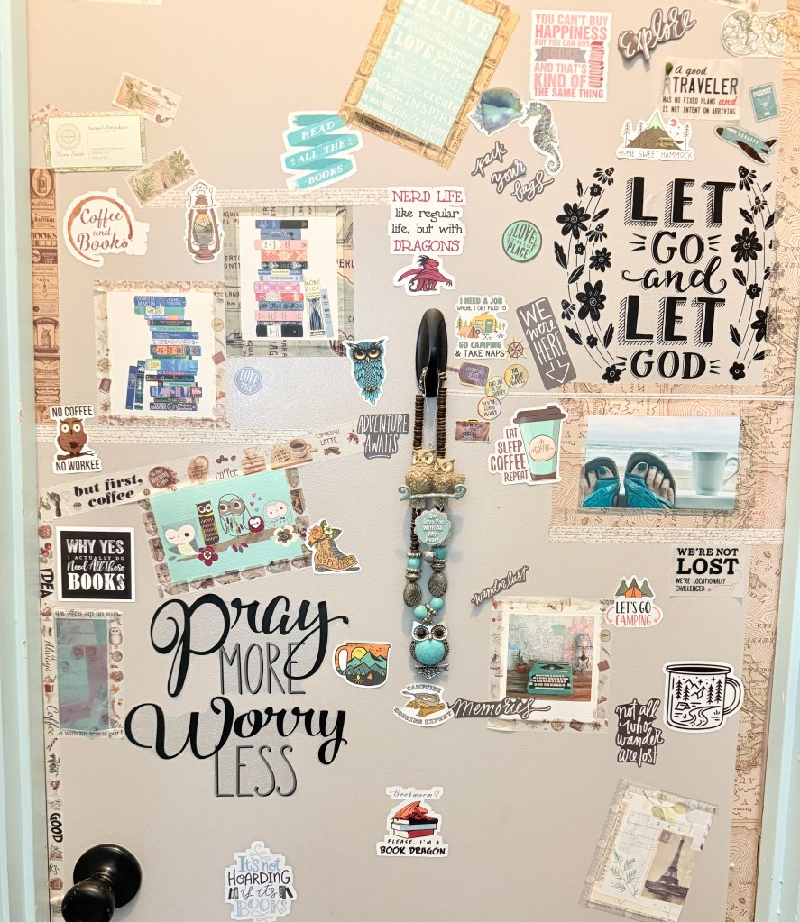 photo of the writer's door, collaged with stickers