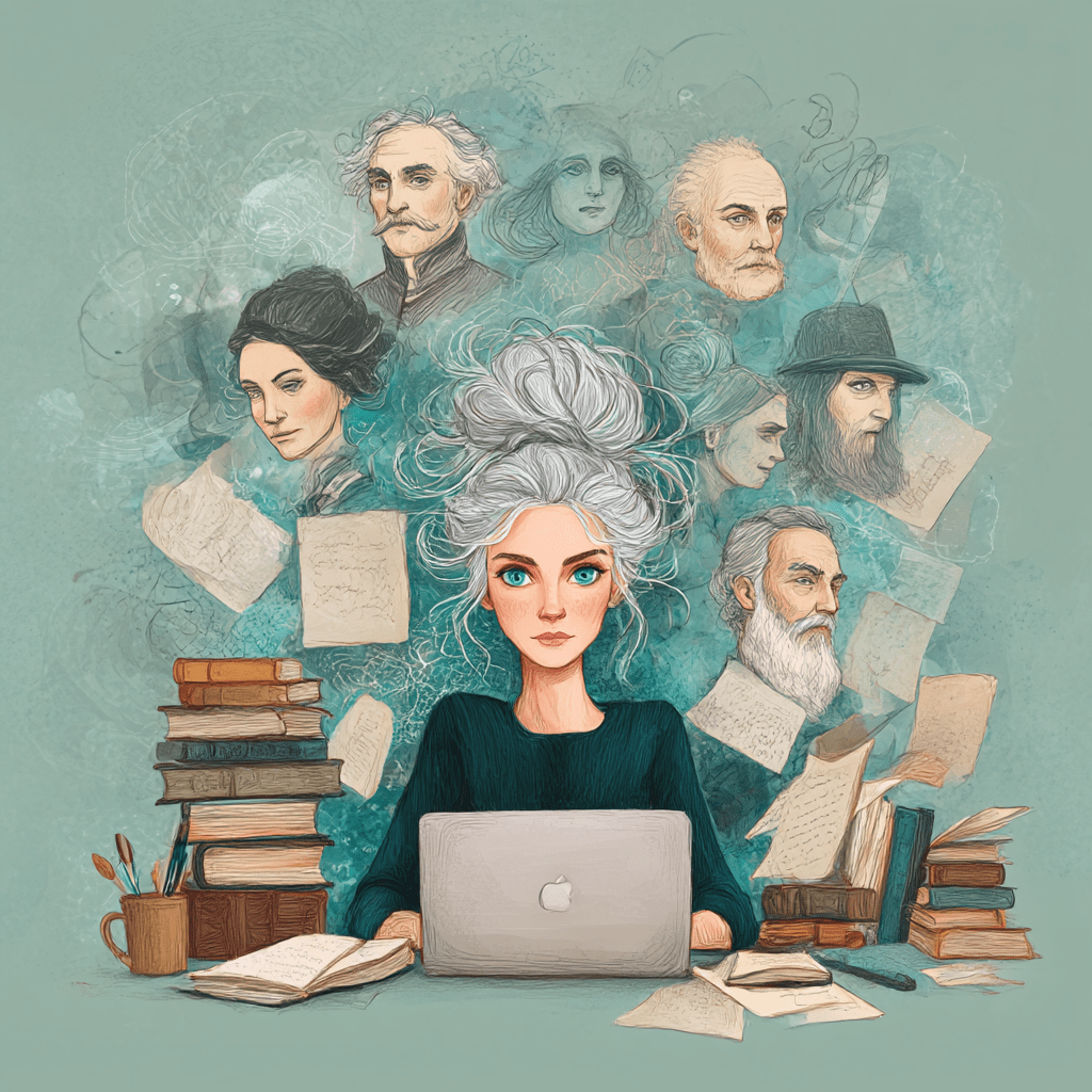cartoon of a woman at her computer, surrounded by books and papers, with the faces of her admired writers above her head.