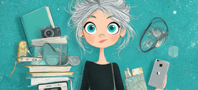 woman juggling a lot of things, with a phone in one hand