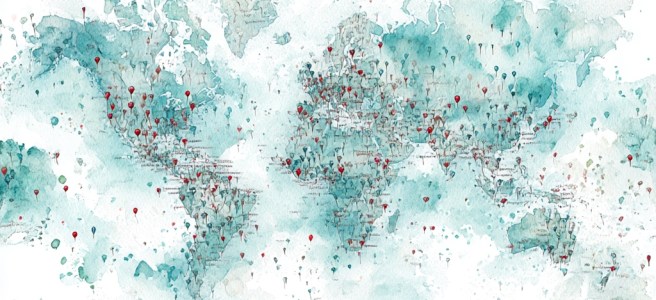 watercolor map of the world, with pins in many countrires