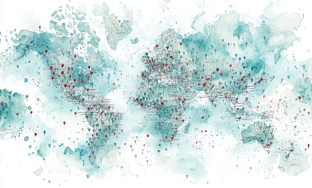 watercolor map of the world, with pins in different countries