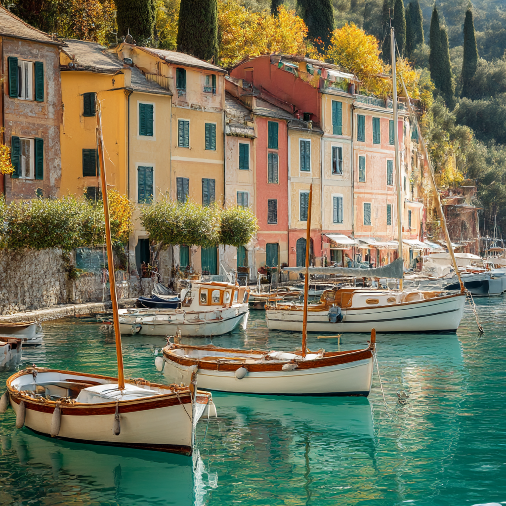 AI-generated image of Portofino---citrus-colored stucco buildings and anchored fishing boats.