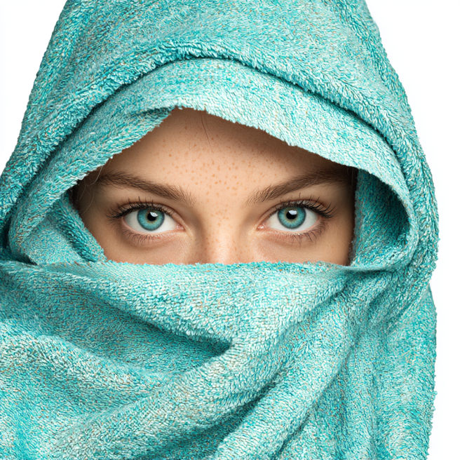 a woman is wrapped in a beach towel so only her eyes show