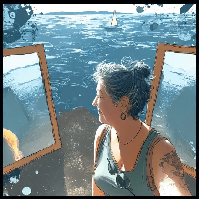 AI-generated image of the author looking in two mirrors