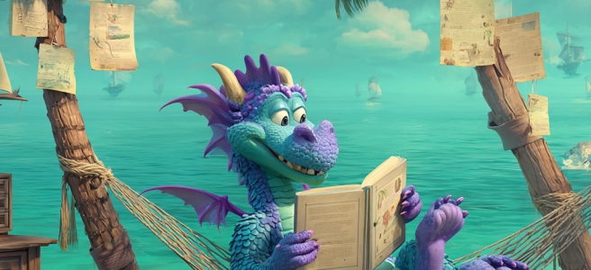 AI-generated image of a dragon in a hammock on a beach, reading a book