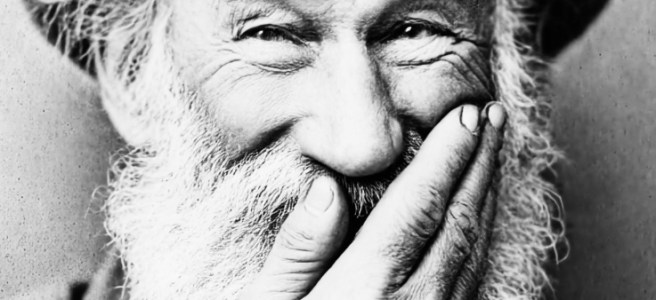 AI-generated image of poet Walt Whitman with his hand over his mouth like a mischievous boy