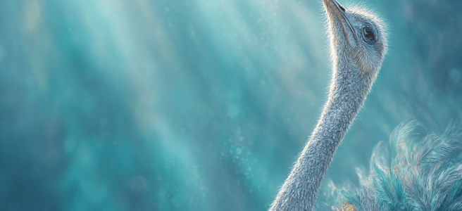 AI-generated image of an ostrich gazing upward as beams of light come down on it