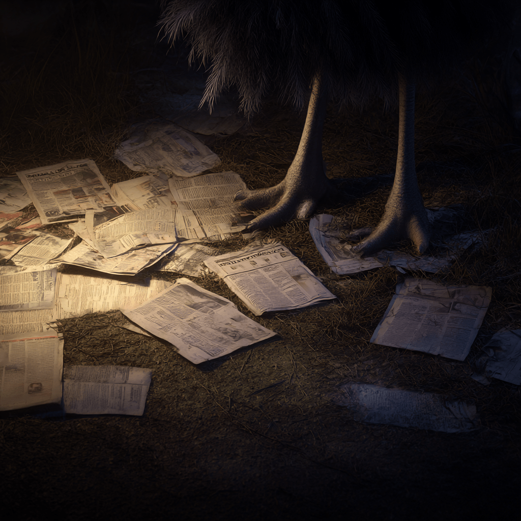 AI-generaged image of newspapers under an ostrich's feet