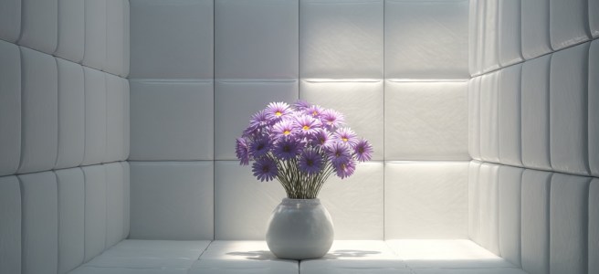 padded white cell, empty except for a vase of purple daisies