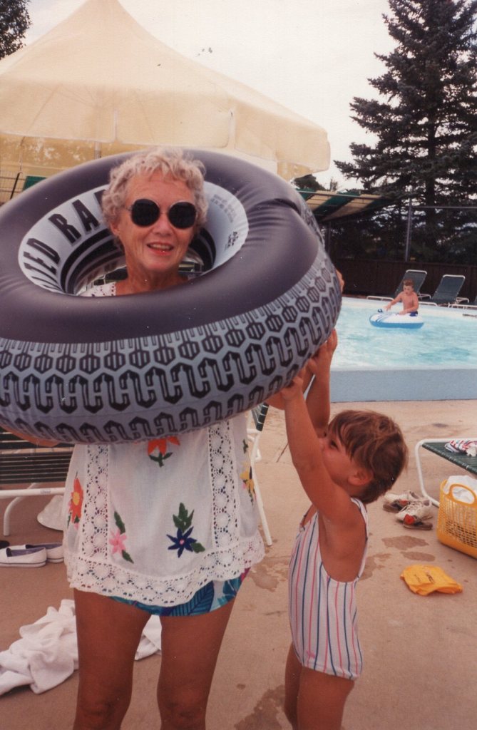 the writer's grandmother with an inner tube at the swimming pool