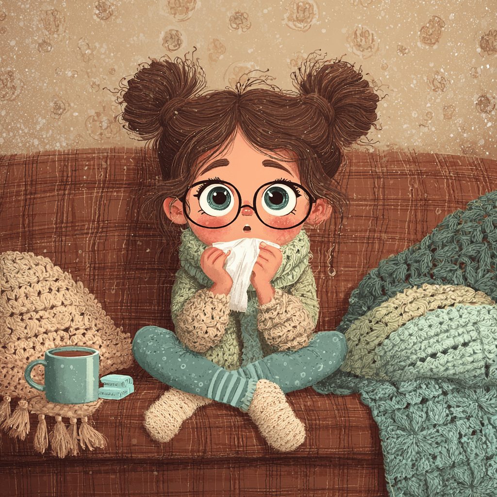 a little girl blowing her nose