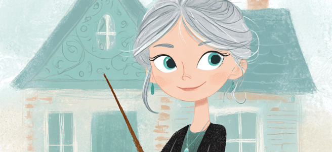 woman standing in front of a house with a magic wand