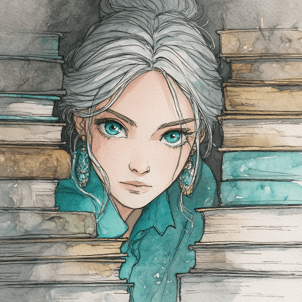 cartoon of a woman looking out from behind stacks of books