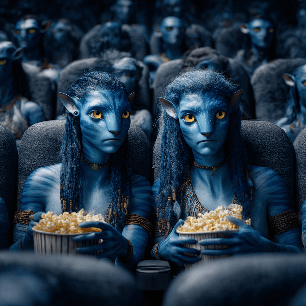 two Na'vi people from the movie "Avatar" sitting in theater seats with popcorn