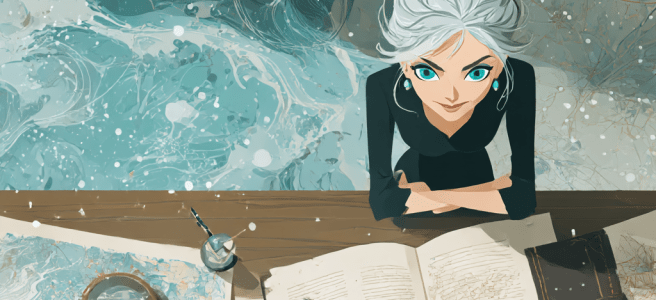 a woman is sitting at a desk with an ocean chart and an open log book