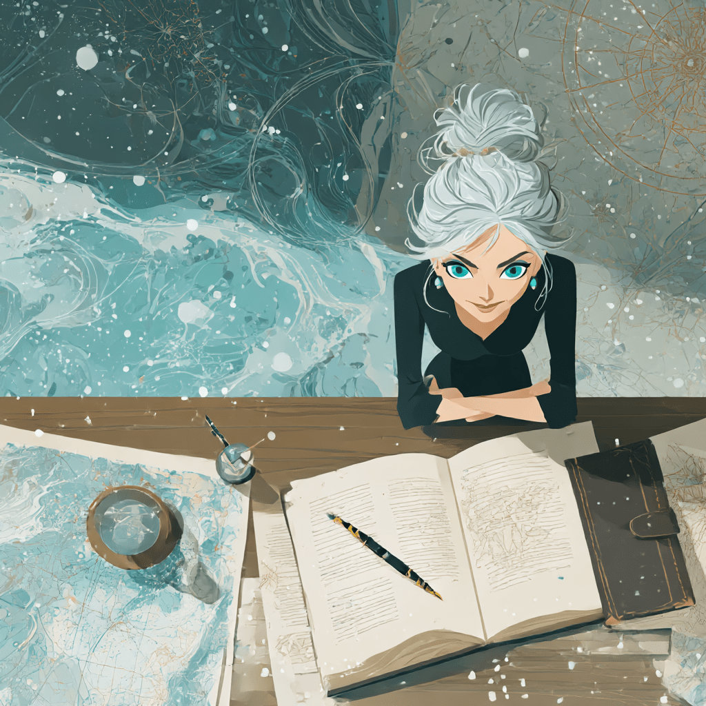 a woman is sitting at a desk with an ocean chart and an open log book